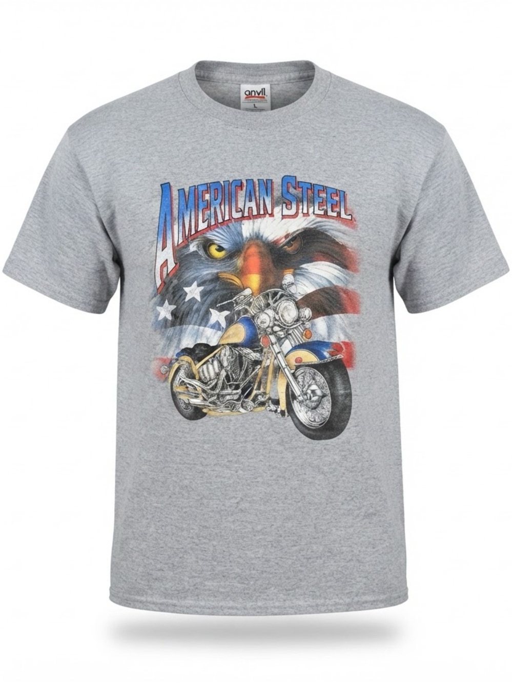 American Steel Grey Tee with Patriotic Eagle & Motorcycle Graphic